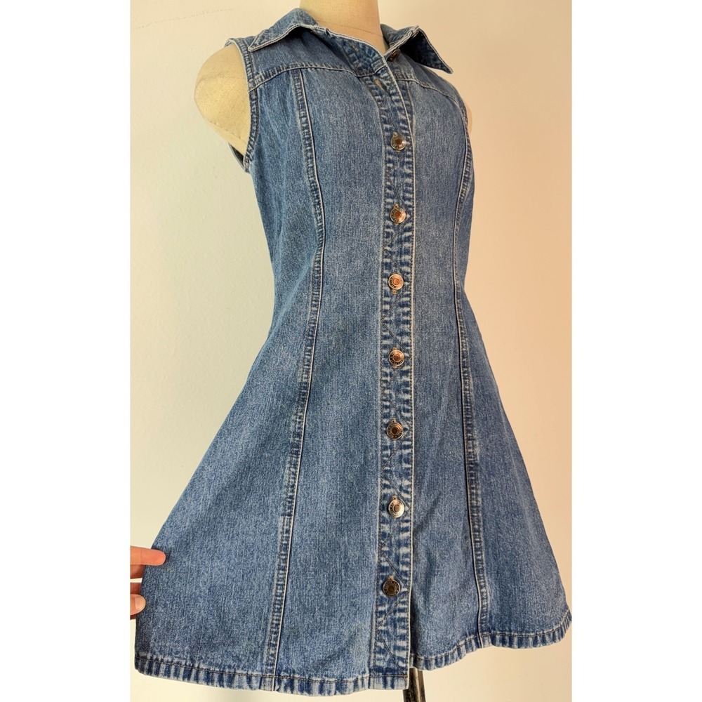 Vintage 90s Blue Denim Button Front Mini Dress Tunic Cardigan Cotton Cottage - Picture 2 of 9